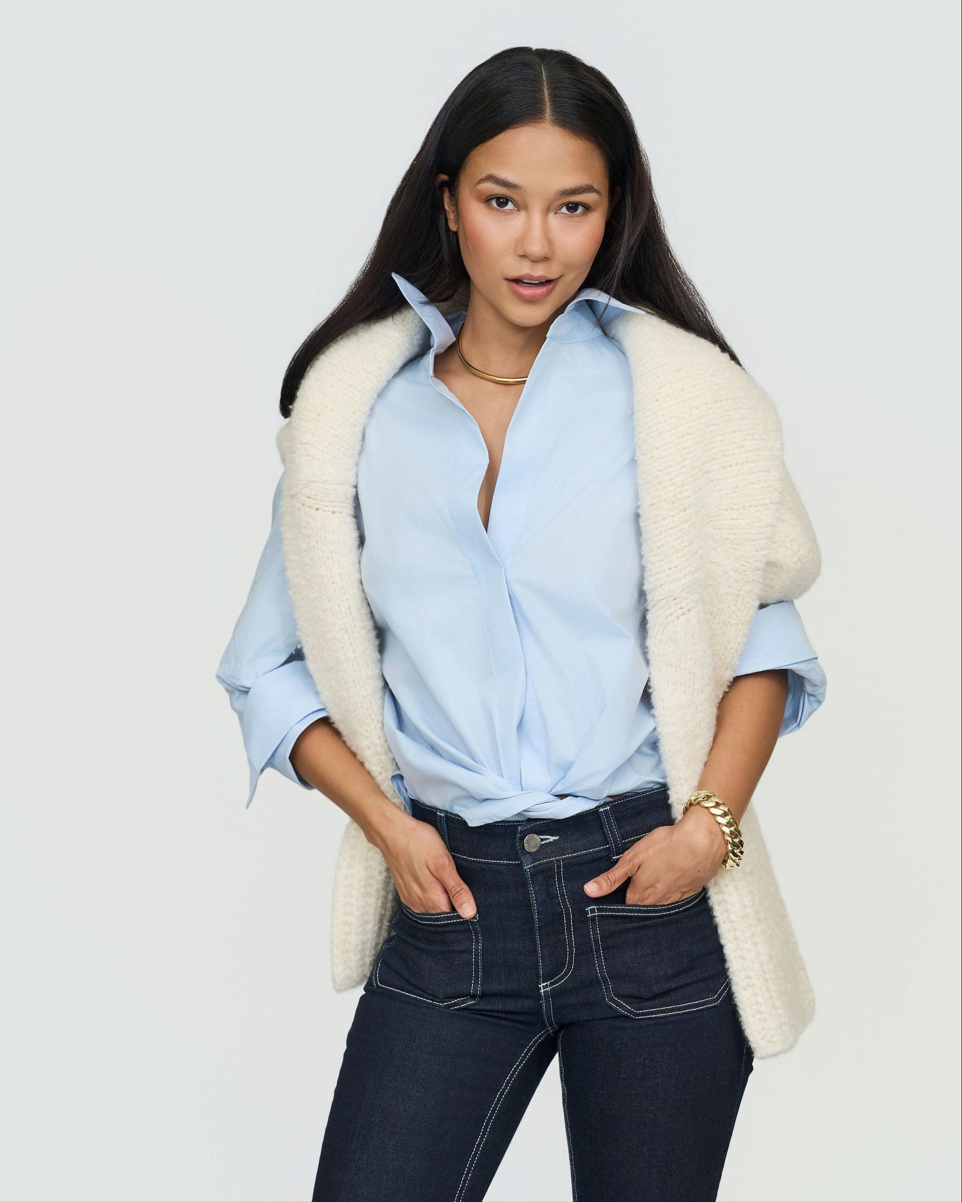 Oversized White Shirt with Hidden Snaps, Perfect Fold Sleeves & Lower Neckline