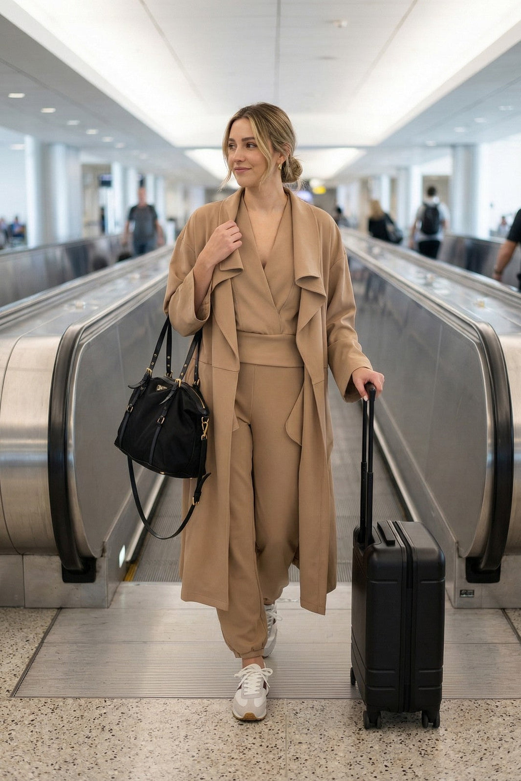 Woman riding an airport moving walkway wearing a long coat over a coordinated set, carrying a handbag and rolling suitcase