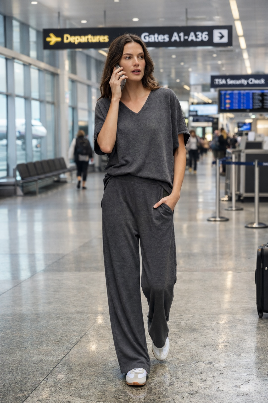 Woman walking through an airport terminal wearing a relaxed travel set and sneakers, holding a phone with departure gates in the background