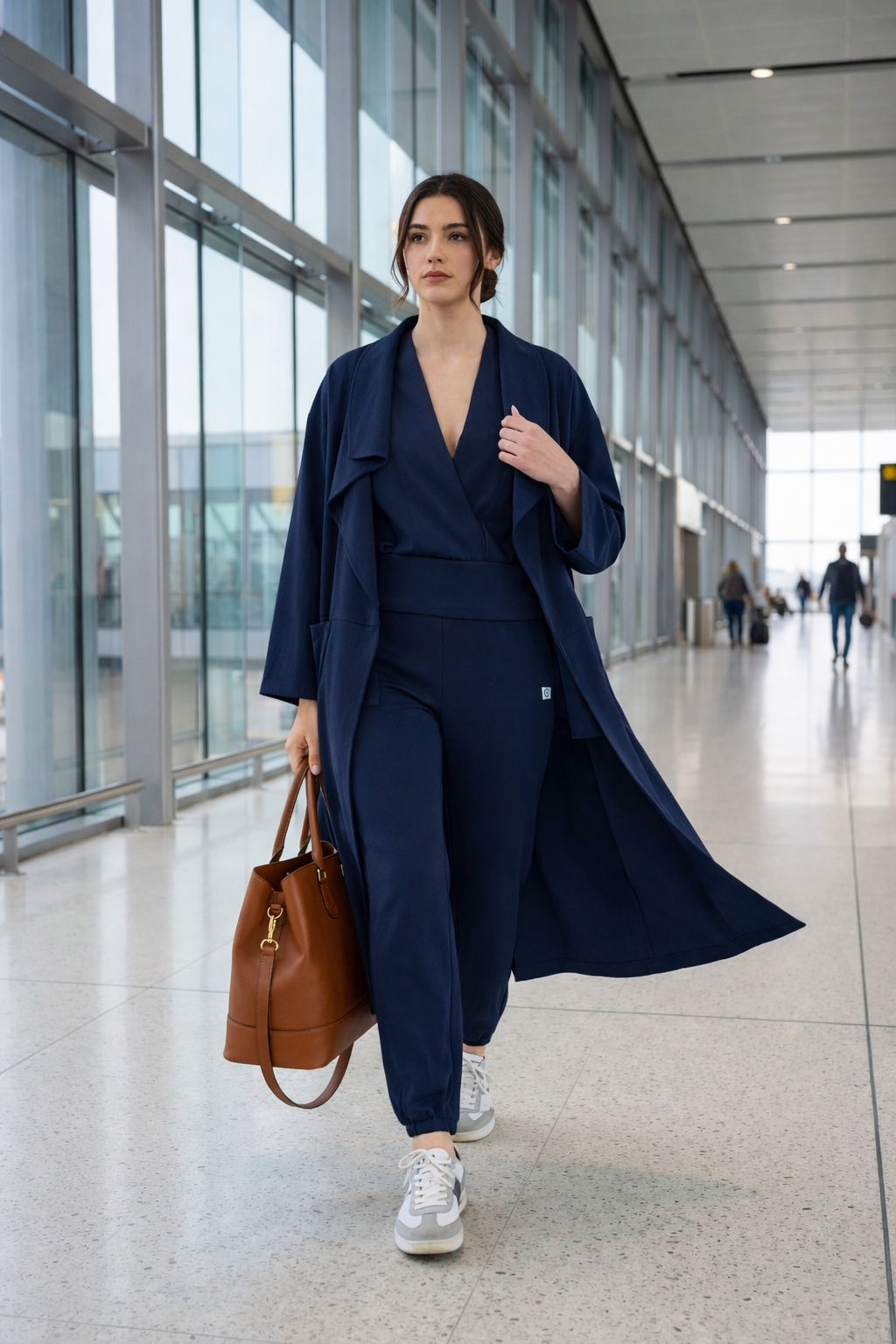 Woman walking through an airport corridor wearing a long tailored coat over a coordinated set, carrying a structured handbag and wearing sneakers