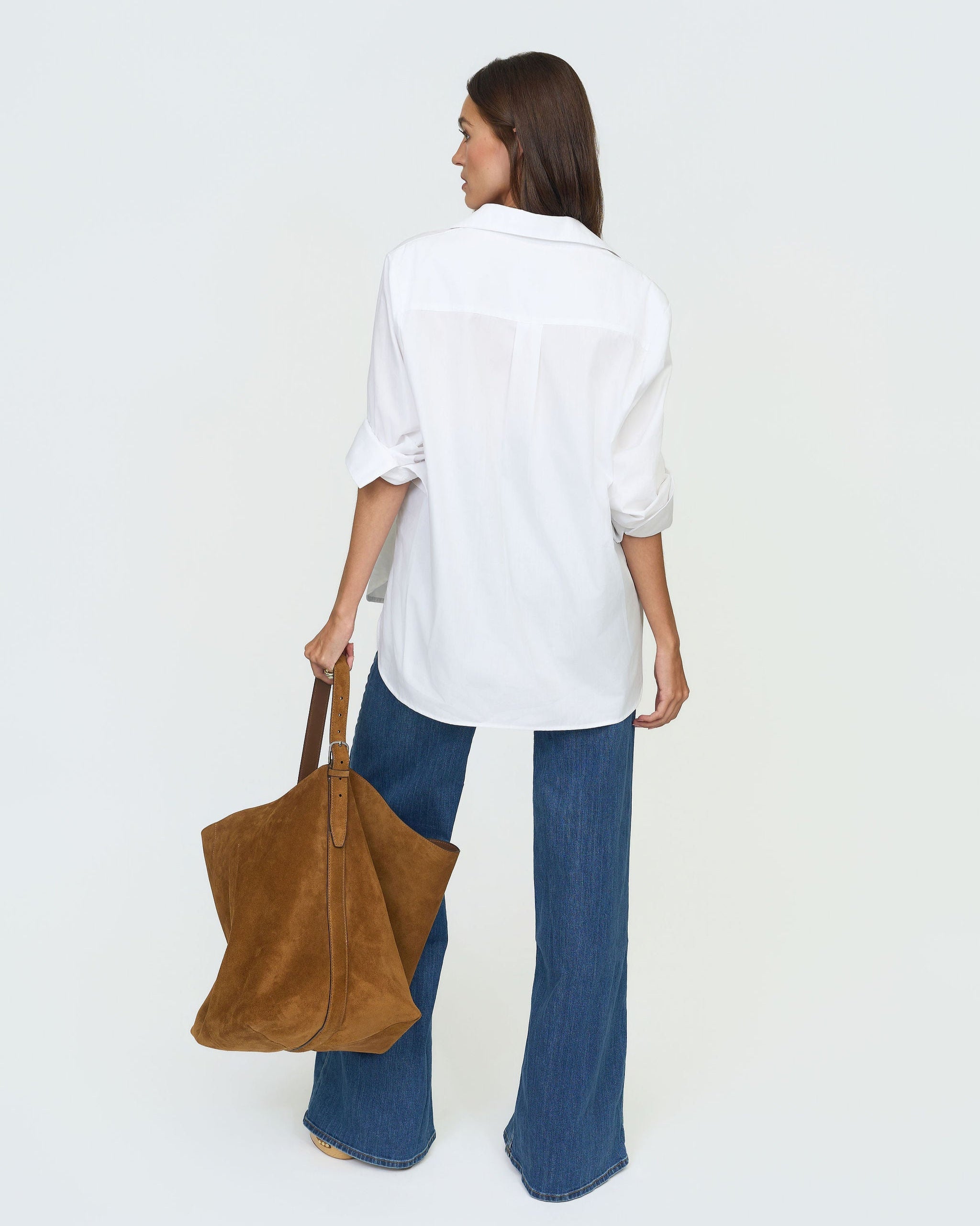 Oversized White Shirt with Hidden Snaps, Perfect Fold Sleeves & Lower Neckline