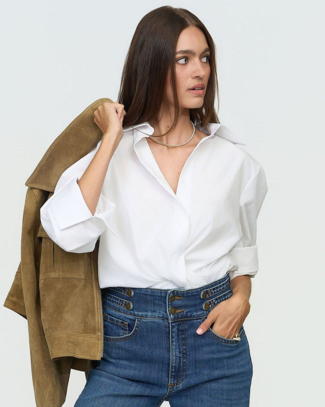Oversized White Shirt with Hidden Snaps, Perfect Fold Sleeves & Lower Neckline