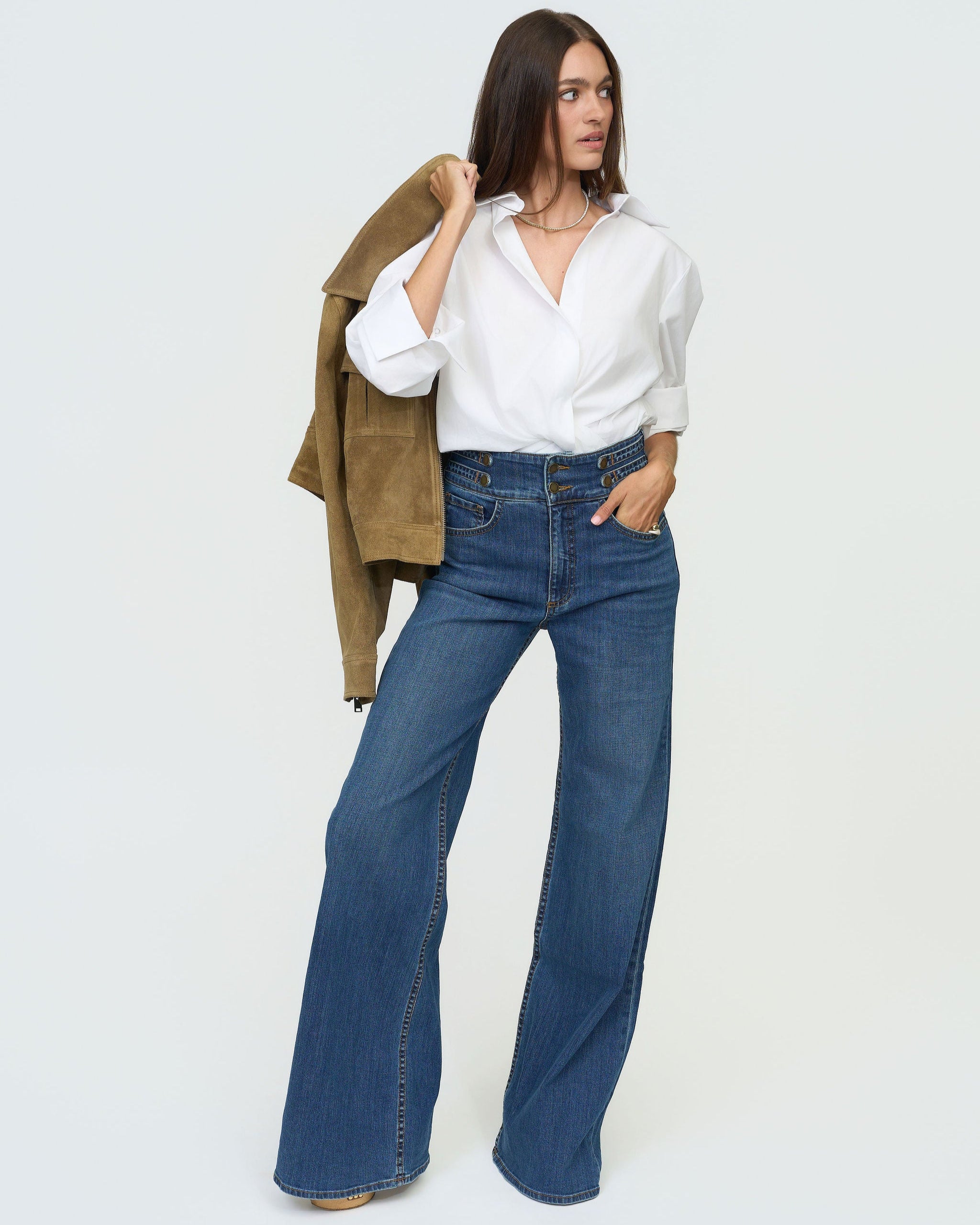 Oversized White Shirt with Hidden Snaps, Perfect Fold Sleeves & Lower Neckline