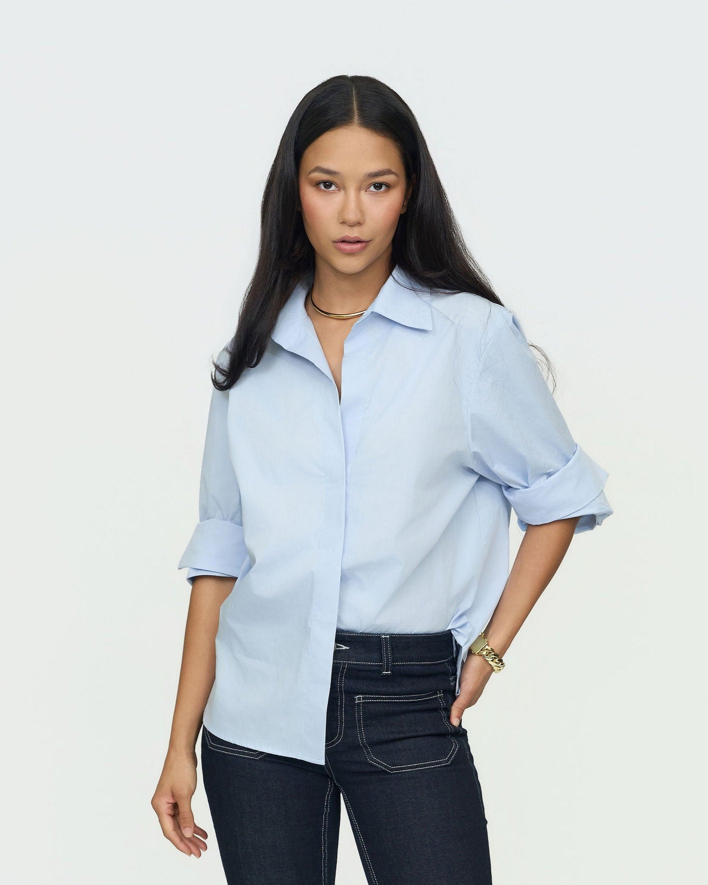 Oversized White Shirt with Hidden Snaps, Perfect Fold Sleeves & Lower Neckline