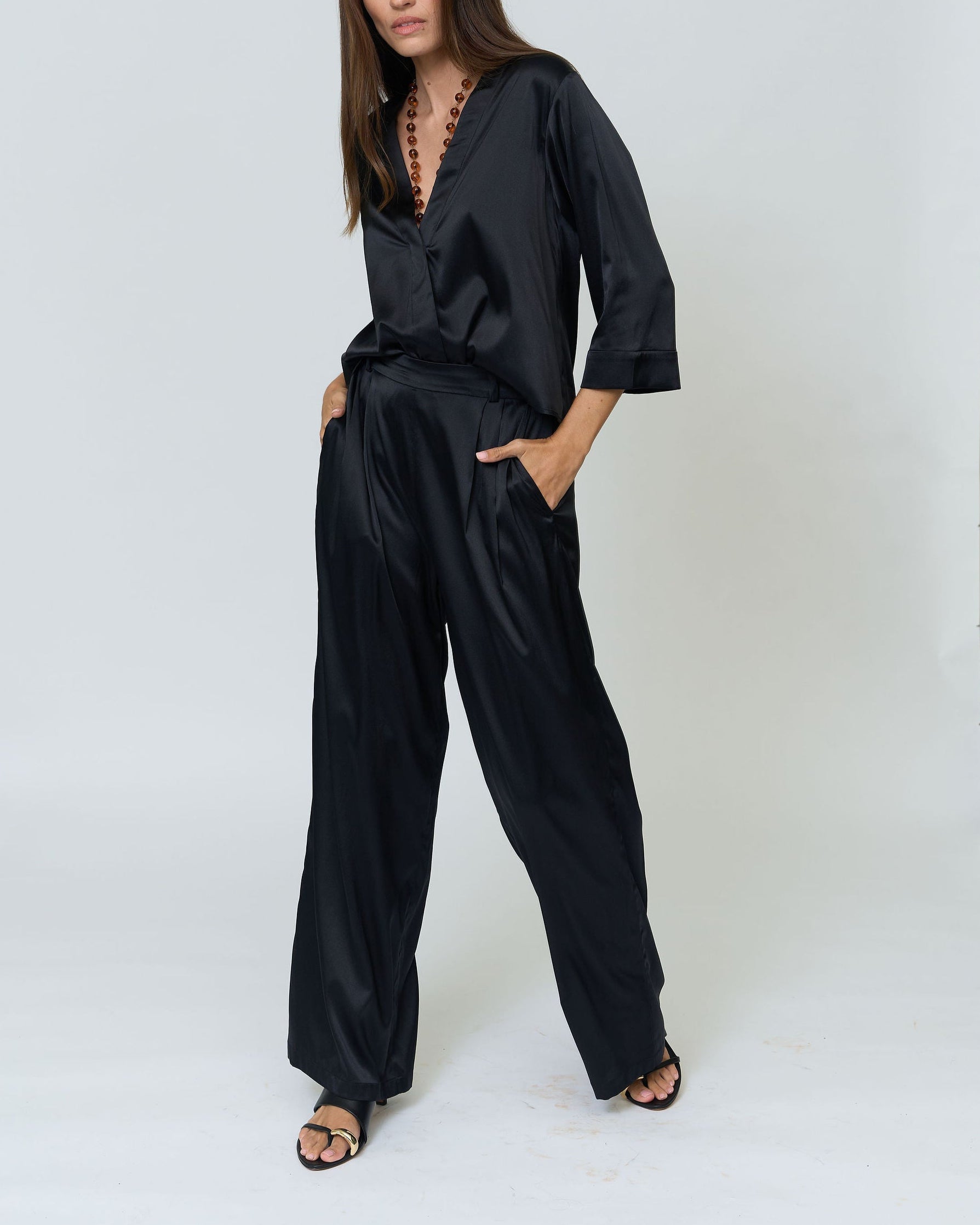 Black matching silk set pant and top with sleeves