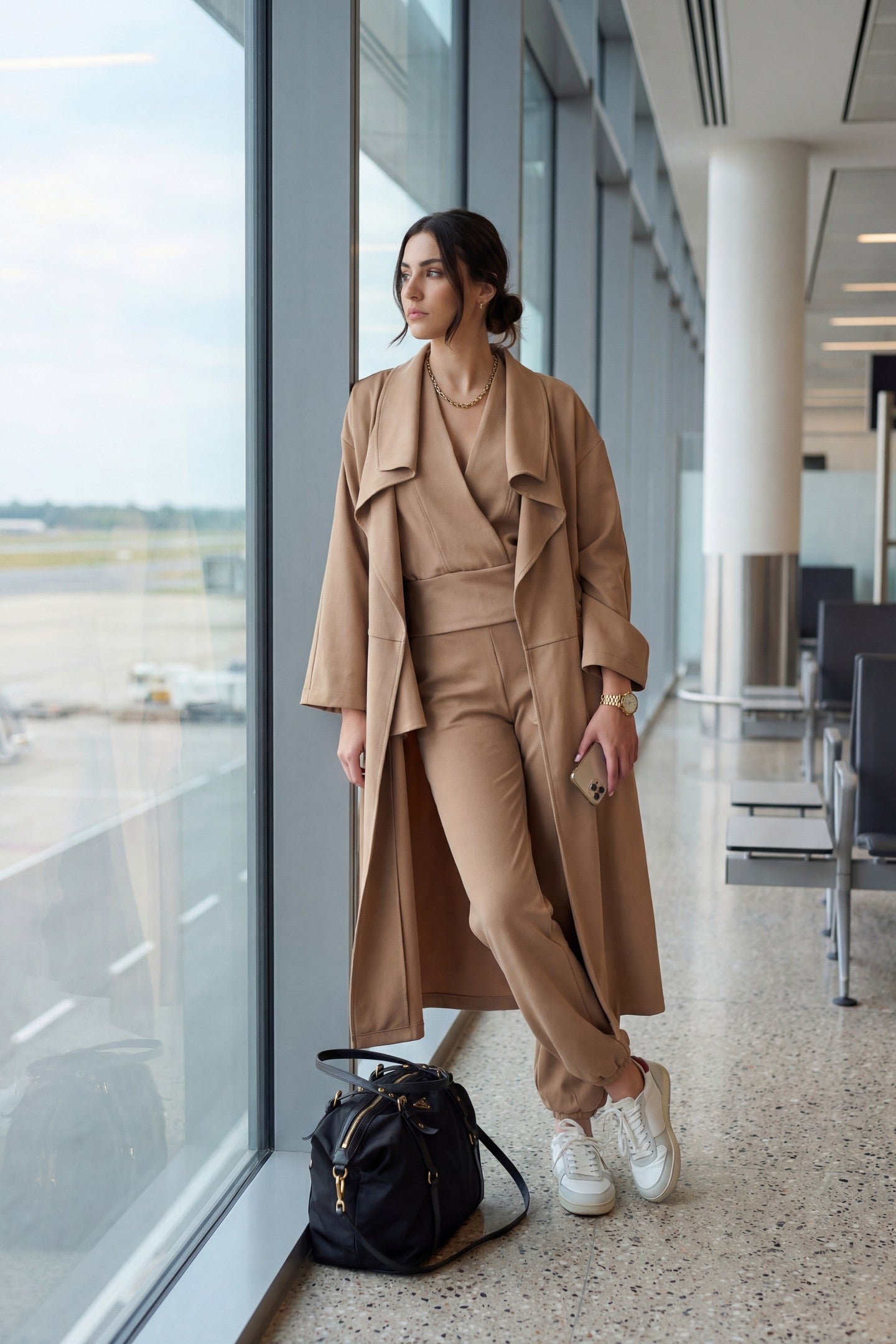 Minimal travel fashion look featuring beige layered outfit at airport window — TheKno.
